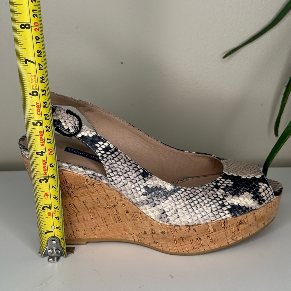 Stuart Weitzman Snakeskin Leather Cork Wedge Heels 8 | Peep Toe Slingback - Picture 10 of 13